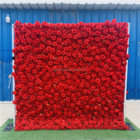 S37 Custom Red Background Decor Rose Floral Wall Backdrop Panel 3d Roll up Fabric Artificial Silk Rose Flower Wall for Wedding