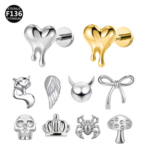 F136 Titanium Threaded Stud <b>Earrings</b> | Hypoallergenic Cartilage Jewelry with Unique Designs | Heart, Skull, Crown, Spider, <b>Wing</b> - Product Image 1