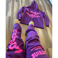 Ensemble sweat à capuche et pantalon de survêtement pour homme avec poches, coupe ample, style streetwear, imprimé en relief, effet empilé, ourlet brut, coupe évasée