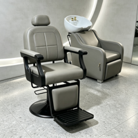 Ensemble de fauteuil de barbier et de fauteuil de lavage en PU gris, fauteuil de barbier hydraulique inclinable avec appui-tête et repose-pieds, mobilier de salon