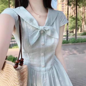 Vestido Largo Azul con Cuello Marinero para Mujer, Estilo Veraniego, Transpirable, Casual, con Hombros Descubiertos, Cintura Natural, Ideal para Vacaciones - Product Image 2