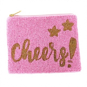 Pochette perlée 'Cheers' pour enterrement de vie de jeune fille, porte-monnaie rose et or, mini portefeuille zippé, cadeau demoiselle d'honneur, vente en gros pour boutiques - Product Image 1