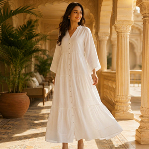 Premium 100% Cotton Women's Tiered Maxi <b>Dress</b> Simple Solid Modern Boho V-Neck Button-Front Eco-Friendly Fit Flare Silhouette - Product Image 1