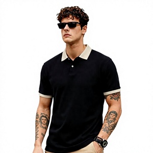 Chemise noire unie à manches courtes pour homme, col et poignets beiges, décontractée, en lin/coton tricoté, respirante, coupe classique, logo frontal, franges - Product Image 1