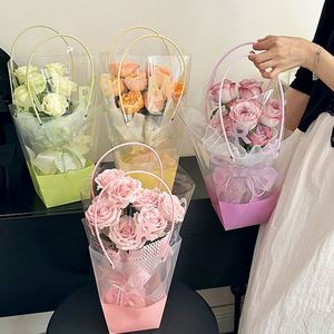 Sac à fleurs portable en plastique OPP transparent de luxe avec fond imprimé coloré pour fleurs, emballage de bouquet pour fleuristes - Product Image 4