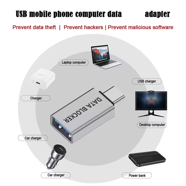 USB Data Blocker Security Adapter Anti-Juice Jacking Protector, Type-C Defender Condom Notebook Mobile Phone PC Charging Safety