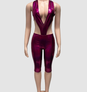 Seksi kadınlar 2 parça Set Halter ipeksi Hollow seksi Backless kolsuz Bodysuit + kapri pantolonlar eşleştirme Clubwear - Product Image 6