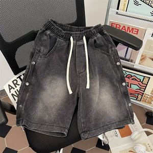<span class=keywords><strong>Short</strong></span> en jean pour <span class=keywords><strong>homme</strong></span> noir gris délavé, taille élastique avec cordon de serrage, boutons latéraux, style streetwear, coupe décontractée - Product Image 4
