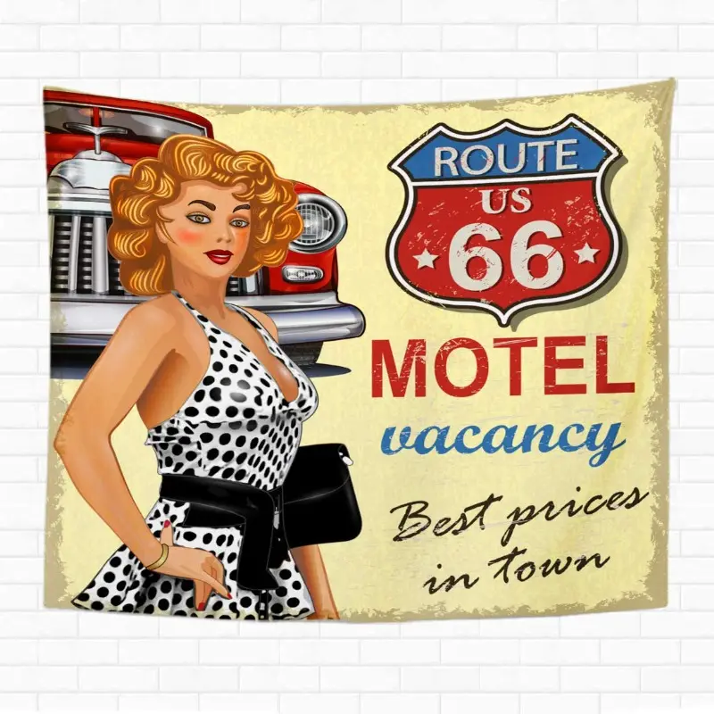 Retro Route 66 Wandtapijt Vintage Auto Motorfiets Wandtapijten Een Kaart Weg Muur Deken Doek Woonkamer Slaapkamer Decor Muur Opknoping