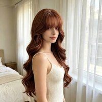 Perruque brune bouclée, avec une frange fine de style français, une coiffure lâche et sans nœuds, idéale pour un usage quotidien.