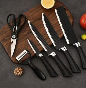 Black Wavy Six-piece Knife Set 238A Stainless Steel Kitchen Foreign Trade Color Box Gift - Product Image 1