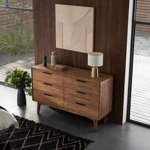 Commode à 6 tiroirs en bois naturel de style mi-siècle, commode en bois massif avec <span class=keywords><strong>patchwork</strong></span> et pieds coniques en bois pour chambre à coucher - Product Image 3