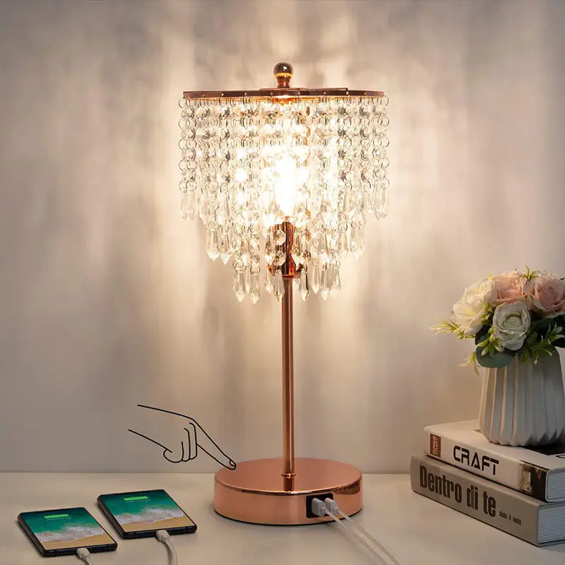 Touch Control Crystal Table Lamp with Dual USB Ports 3-Way Dimmable Lamp Crystal Shade Bedside Lamps