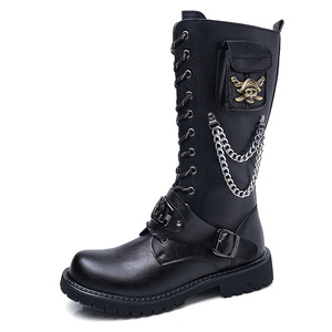 Bottes Martin pour hommes, mi-mollet, en cuir, bout rond, tendance mode, boucle chaîne tête de mort, semelle en caoutchouc, pour scène - Product Image 5