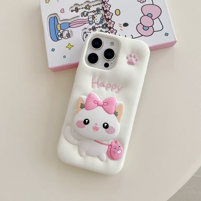 Shockproof 3D Cute Cartoon Phone case for iPhone 17 16 15 Pro Max 3D cat Silicone Phone case with Phone Holder