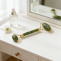 Outil de Gua Sha en jade naturel 2 en 1, rouleau de jade vert, masseur facial avec cadre en alliage inoxydable, boîte cadeau pour le visage et le corps