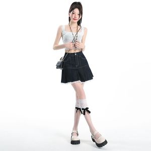American-style Retro <strong>Denim</strong> Short <strong>Skirt</strong> Lady, Lace New Floral Ruffled High-waisted Half-<strong>length</strong> Dress - Product Image 3