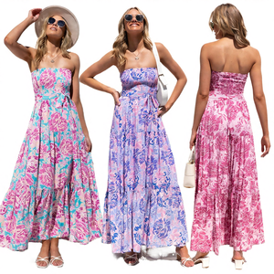 Robe longue plissée sans bretelles pour femme, taille empire, style bohème, tissée, respirante, sans manches, imprimé floral, décontractée, été 2025 - Product Image 3