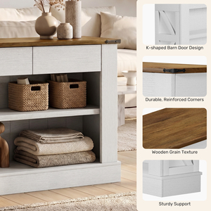 Console longue en bois massif style ferme avec 2 tiroirs, étagères réglables, éclairage LED et passages pour câbles pour salon, chambre et couloir - Product Image 2