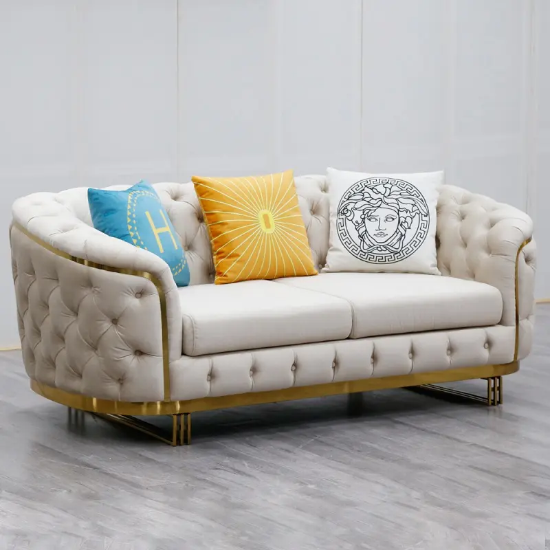 Sofá de terciopelo con marco de acero inoxidable dorado para sala de estar, sofás loveseat de lujo de 2023 NW