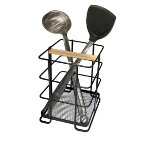 2023独特创意现代金属架哑光黑色餐具架优雅方形木质厨房便携式餐具收纳器
