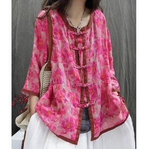Literary Print Ethnic Design Retro Button Color Block Casual Thin Sun Protection Shirt For Women - Product Image 2