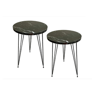 Low Space Pack of 2 Marble Coffee <b>Tables</b> With Iron Three Legs <b>Black</b> Marble Top Chic Home Decor Statement Piece Durable Material - Product Image 1