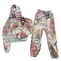 Setelan Olahraga Rajut Terry Kustom OEM 100% Katun Bernapas, Gaya Jalanan Musim Gugur, Distressed, Cetak DTG Graffiti, Celana Panjang