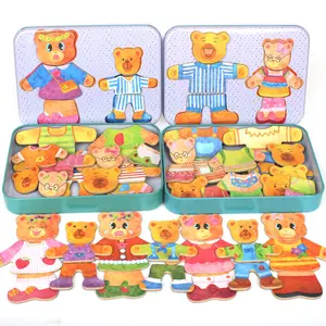 Montessori Mainan Puzzle Kayu, Mainan Kotak Logam Besi Magnetik Teka-teki Jigsaw Teka-teki Kayu untuk Keluarga Beruang 2 Desain