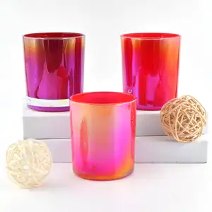 Wholesale Custom Coloured Electroplated Weddings Small Glass Candle Jar 12oz Holographic Iridescent Glass Candle Container