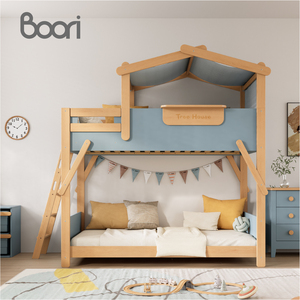 Kinder Baumhausbett aus Massivholz im Blockhaus-Stil, Hochbett und Etagenbett, anpassbar mit Treppenschrank - Product Image 1