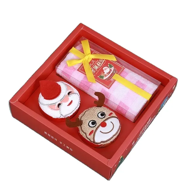 factory hot sales Christmas gift towel Cotton face towel 2 Gift Boxes with christmas tree and snowman