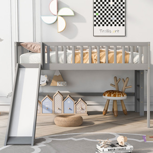 Lit mezzanine en bois gris avec toboggan et échelle pour chambre d'enfant - Product Image 2