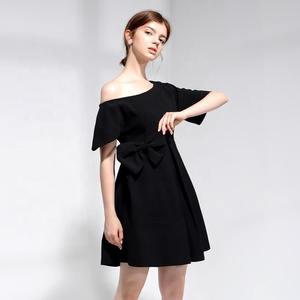 Mujer modelo damas ropa Casual vestidos <span class=keywords><strong>Lady</strong></span> sólido negro hombro arco elegante de las mujeres vestido de fiesta Sexy - Product Image 2