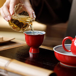 Guanlan Hand Painted Double Line Stem Master Cup Ceramic Kung Fu <b>Tea</b> <b>Set</b> Red Glaze High Footed Sunflower Shape Individual Cup - Product Image 2