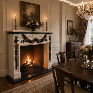 Cheminée traditionnelle en marbre avec sculptures ornées, pierre beige, foyer intérieur à bois pour salle à manger - Product Image 6