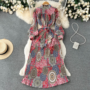 Robe plissée à manches longues imprimée indéfinie hiver automne femmes style de vacances robe plissée A-ligne - Product Image 5