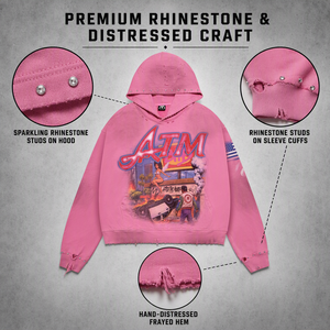 Sudadera con capucha rosa Y2K de moda con pedrería y efecto desgastado para hombre, estilo vintage con estampado gráfico, de gran tamaño, estilo urbano. - Product Image 6