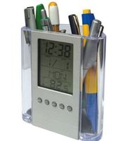 Calendrier de bureau carré en plastique durable, porte-stylo, horloge avec affichage de la température, design personnalisable pour usage au bureau, vente chaude