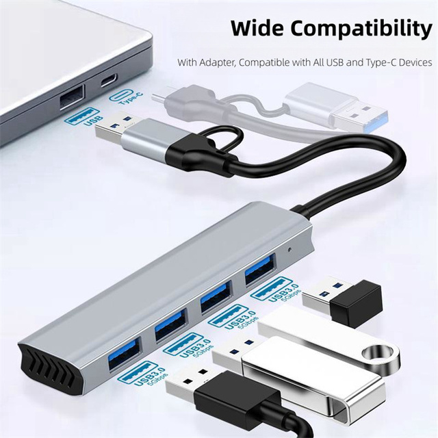 Hot-selling Aluminum 4-in-1 Hub with USB + Type-C Ports 4 USB-A 3.0 Type-C - Multi-Port USB 3.0 Type-C Hub Adapter Dock