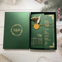 Set Undangan Ulang Tahun Pernikahan Hijau dengan Kotak, Cetak Emas, Bunga Kering, dan Segel Lilin, Undangan Pesta Ulang Tahun dan Bridal Shower