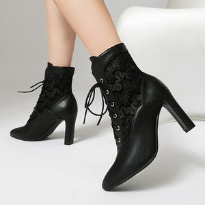 Botines Negros con Cordones, Punta Puntiaguda, Tacón Cuadrado, Cuero Genuino, Transpirables, Estilo Dropshipping - Product Image 3
