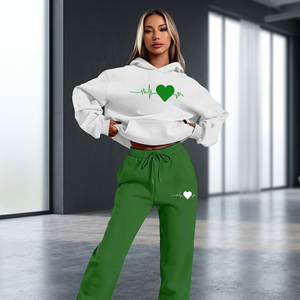 Women's <b>White</b> Cropped Hoodie With Green Heartbeat Print And Green Sweatpants <b>Set</b> Casual Loose Fit All Seasons Sportswear - Product Image 1
