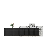 Meja Resepsionis Modern dengan Top Marmer, Panel Depan Hitam, Plinth LED, dan Counter Custom untuk Hotel, Kantor, atau Lobi