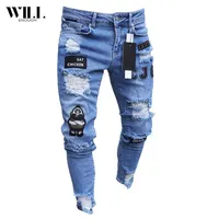 EW-pantalones vaqueros rasgados ajustados para hombre, jeans bordados a la moda