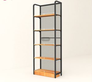 Dragonshelf Iron Wood Shelf Four-column Reticulated Backplane Steel-wood Single-side Rack <strong>Modern</strong> <strong>Shelves</strong> for Clothing Store - Product Image 1
