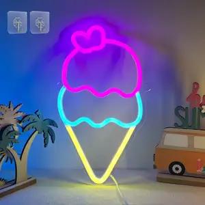 冰淇淋霓虹灯，亚克力发光二极管条USB电源，粉色、蓝色和黄色锥形灯