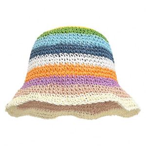 Sombrero de Paja Tejido <span class=keywords><strong>a</strong></span> <span class=keywords><strong>Crochet</strong></span> para Mujer, <span class=keywords><strong>Visera</strong></span> <span class=keywords><strong>con</strong></span> Rayas de Colores del Arcoíris, Plegable, Tipo Bucket, para Playa y Protección Solar - Product Image 4