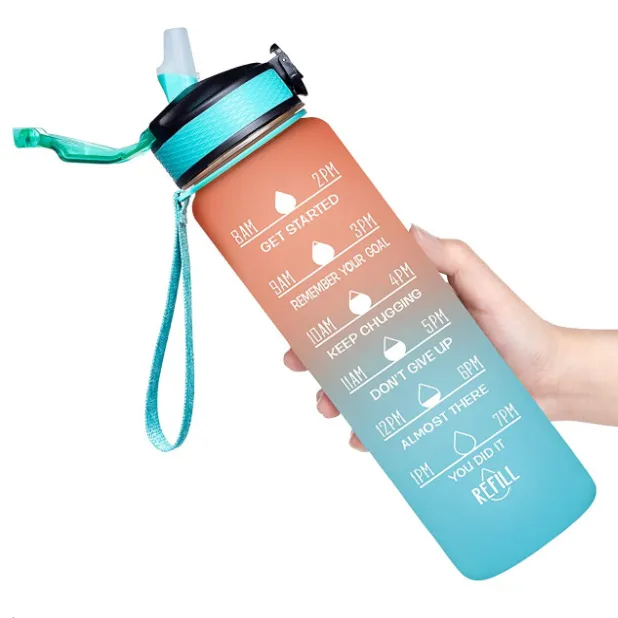 Botol Air Motivasi untuk Tritan Bebas BPA, Botol Air Sedotan Plastik Olahraga Gym 1L 32Oz dengan Penanda Waktu
