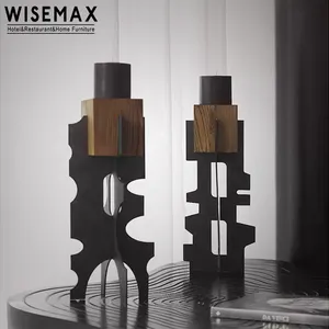 WISEMAX FURNITURE Light Luxury Wood Top Candle Handle For Table Decor Unique Shape Metal Base Design Candle Stand